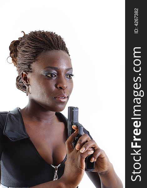 Woman aiming gun preparing to fire. Woman aiming gun preparing to fire