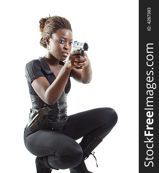 Woman Aiming a Gun Isolated on White Background