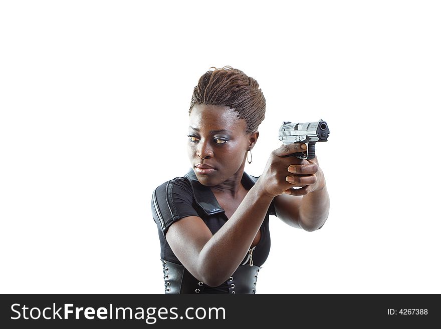 Woman Aiming a Gun Isolated on White Background