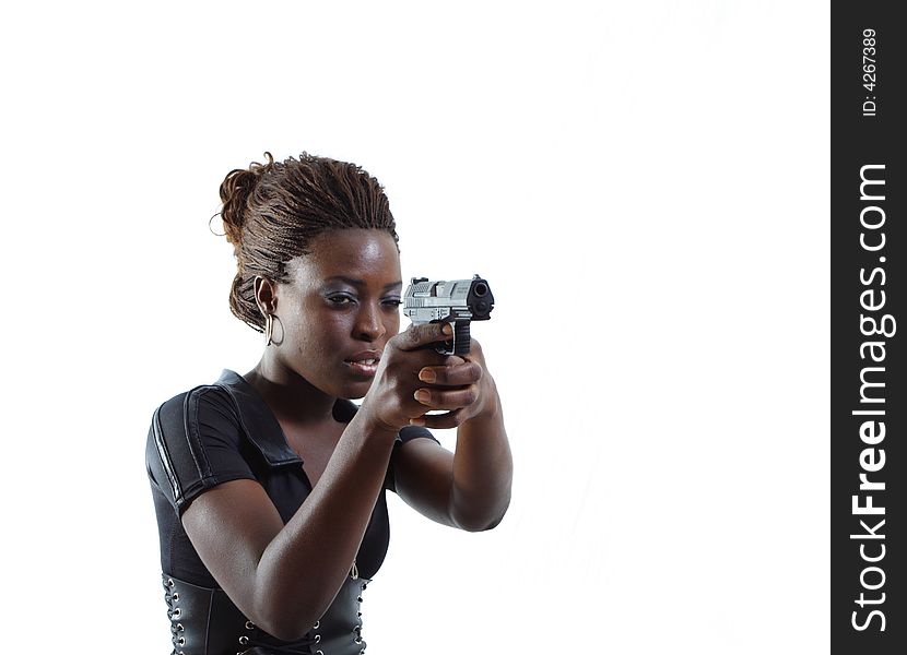 Woman Aiming a Gun Isolated on White Background