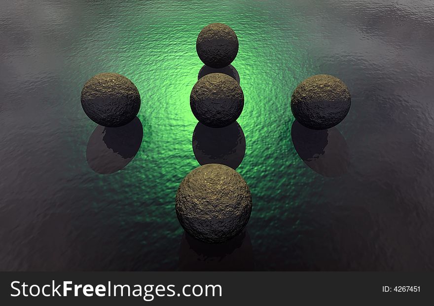 3D Stone Balls on the water with ripples and reflection of green sunlight