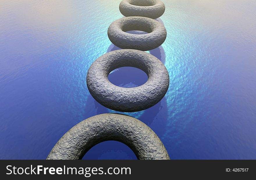 3D Torus on the water with ripples and reflection of sun and clouds