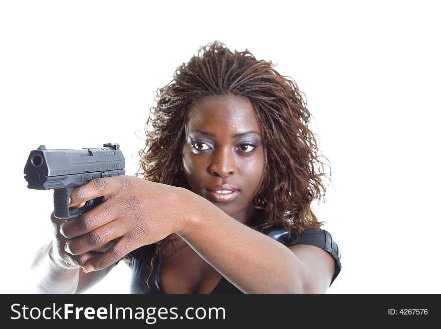 Woman Aiming a Gun Isolated on White Background