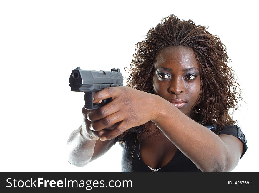 Woman Aiming a Gun Isolated on White Background