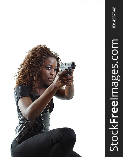 Woman Aiming a Gun Isolated on White Background