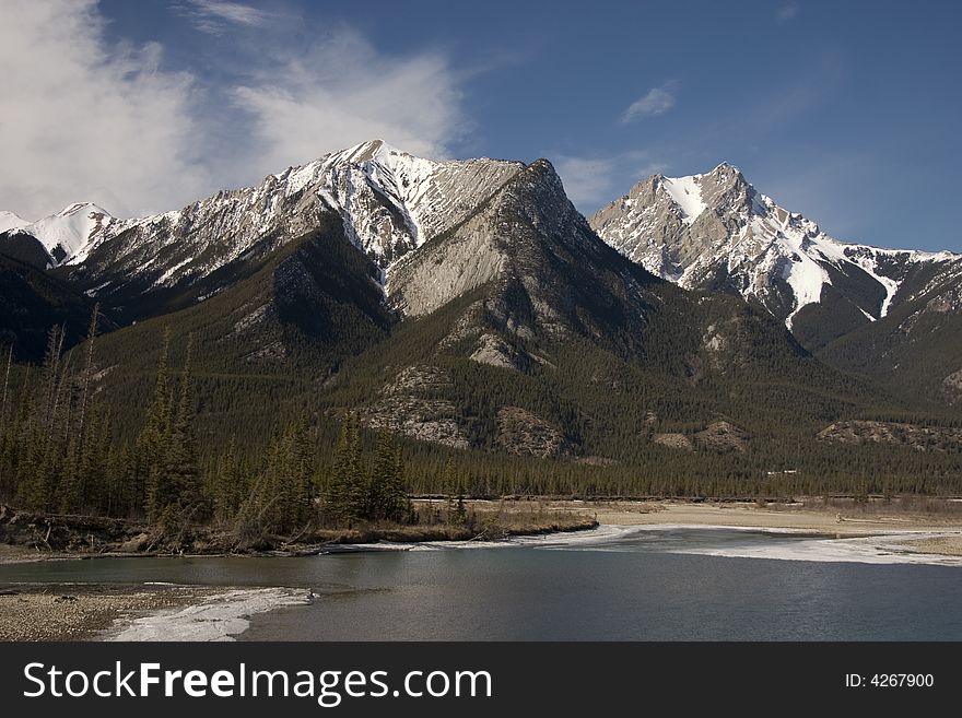 Athabasca River and mountains near Jasper, Alberta. Athabasca River and mountains near Jasper, Alberta