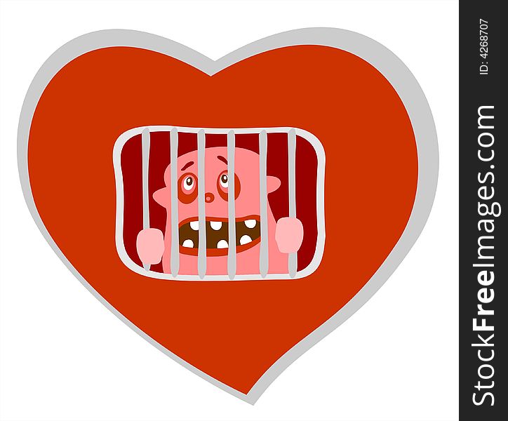 Red stylized heart with prisoner isolated over white background. Valentine's illustration. Red stylized heart with prisoner isolated over white background. Valentine's illustration.