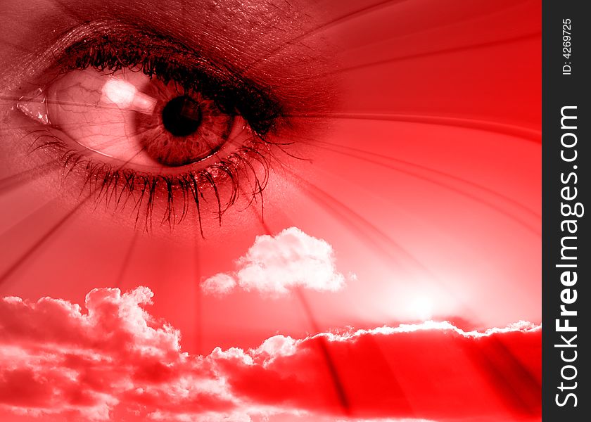 Red abstract illustration of eye overlaid on to sky. Red abstract illustration of eye overlaid on to sky