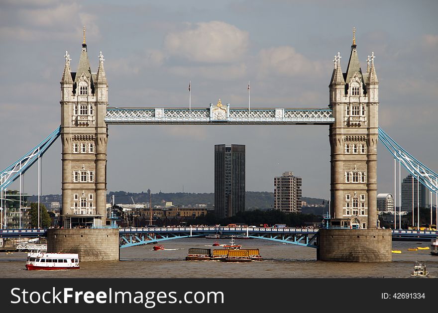 Tower bridge and boats on Thames river. Tower bridge and boats on Thames river