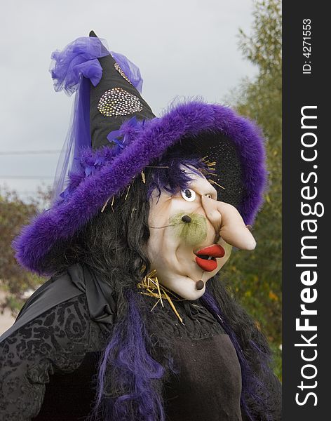 Ugly Witch Scarecrow, with purple hat.