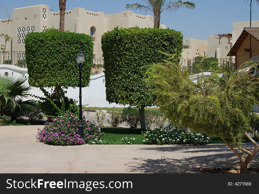 Green trees in a park as cylinders