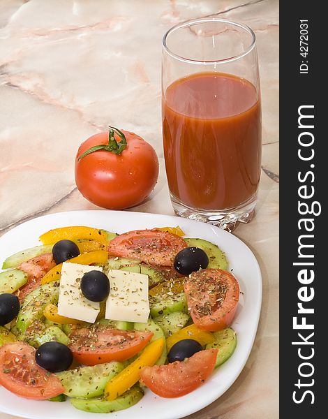 Greek salad, tomato, tomato juice