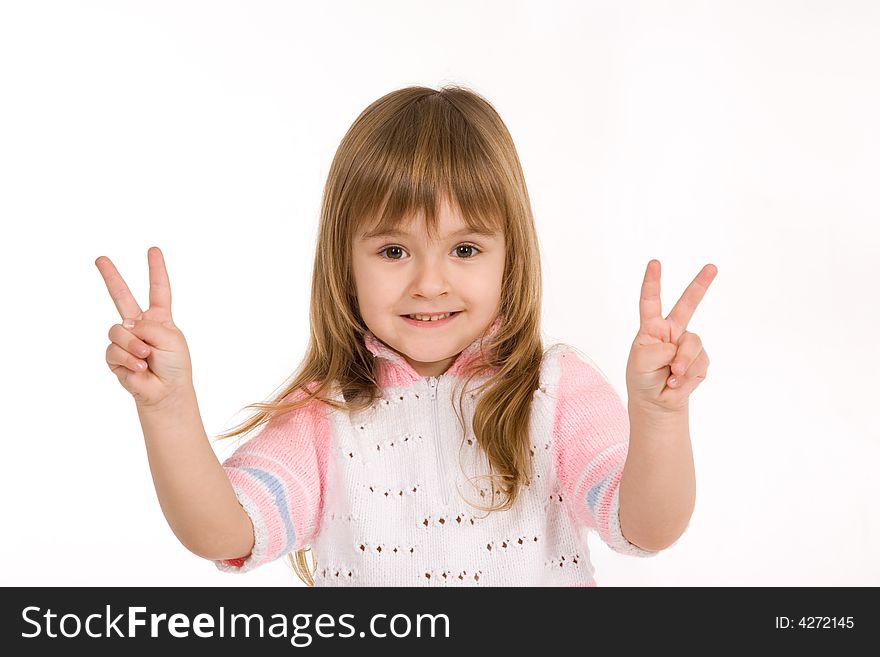 Nice little girl showing two fingers on each hand