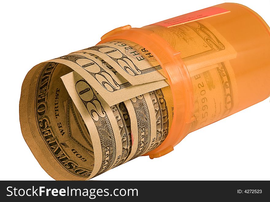 Pill bottle with money coming out of it. Pill bottle with money coming out of it