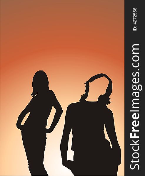 Black silhouettes of girls on an orange background