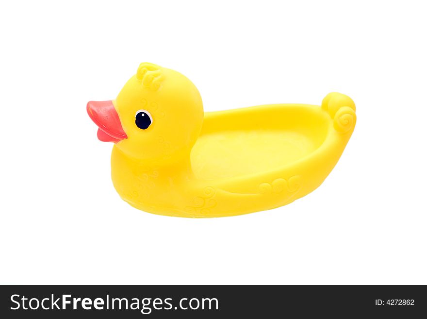 Rubber duck on water on white background. Rubber duck on water on white background