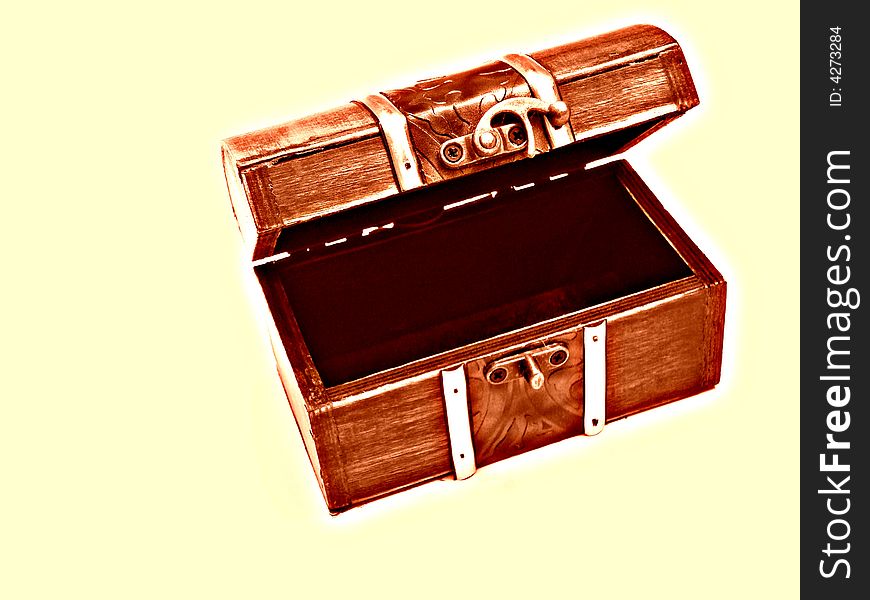 Opened treasure chest. Wood and metal.