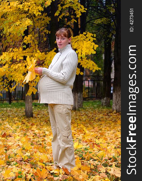 Pregnant woman in autumn park hold maple leaf