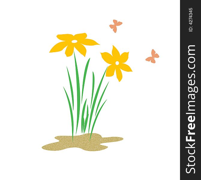 Bright spring flowers and butterflies on solid background illustration