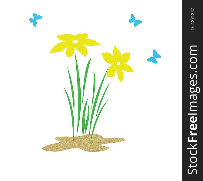 Bright spring flowers and butterflies on solid background illustration