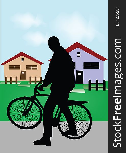 Man siting on bicycle front of houses