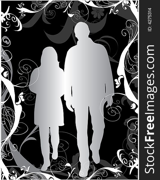 Silhouette of couples on flowers background