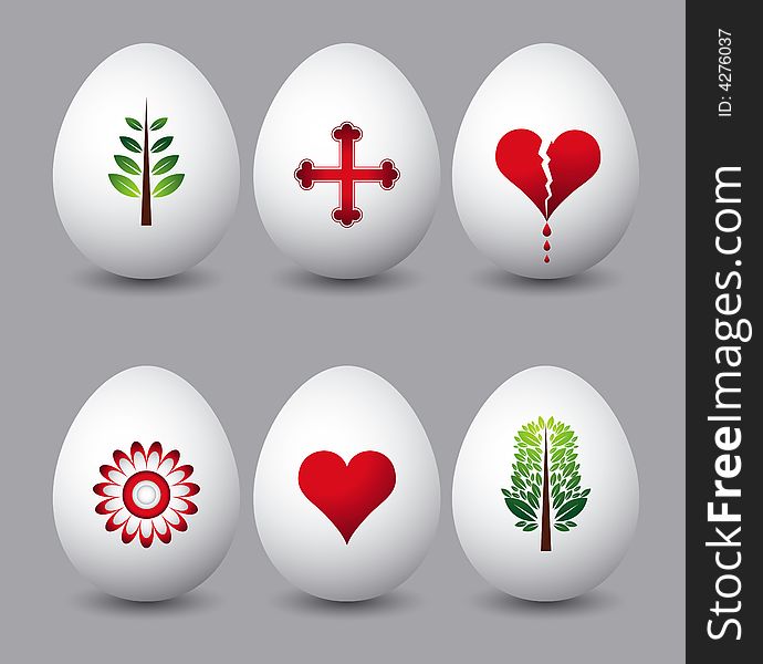 Six easter eggs with different symbols over grey background. Six easter eggs with different symbols over grey background