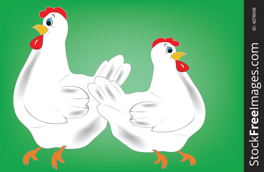 Two hens on green background