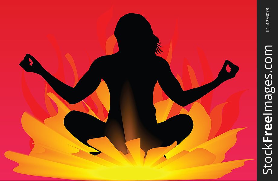 Girl doing yoga in flame background