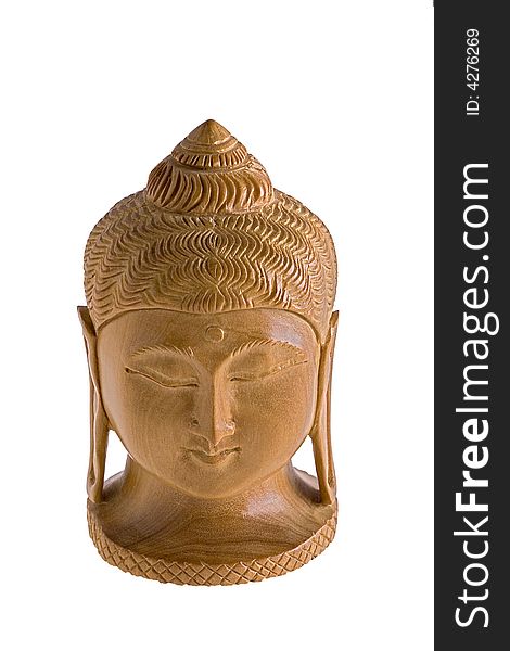 Wooden Buddha\'s head isolated statuelle. Wooden Buddha\'s head isolated statuelle