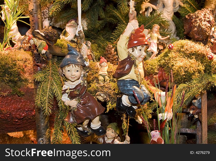 Two little goblins hanging on a rope - christmas decoration