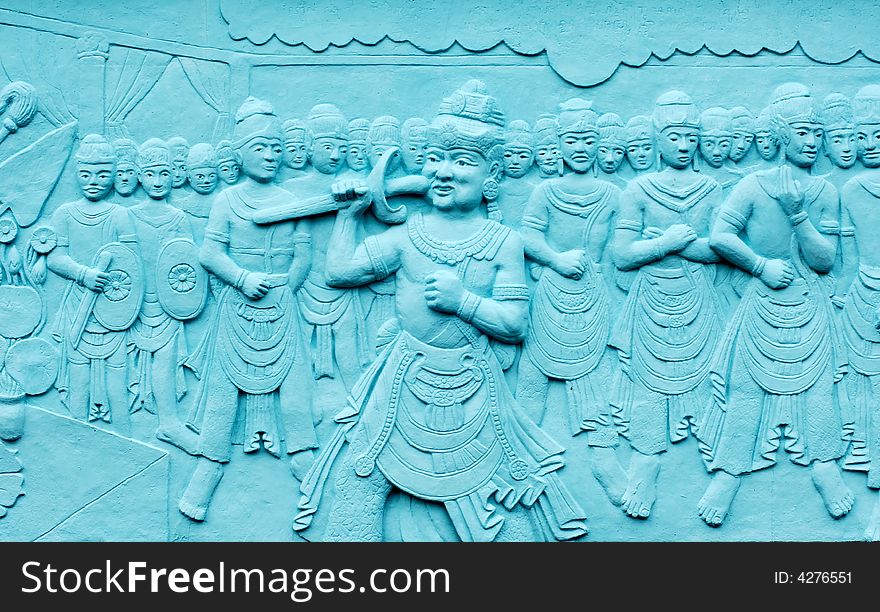 Indonesia, Java: Frescoes in bas relief in blue; carved and painting images related with indonesian  legends and beliefs