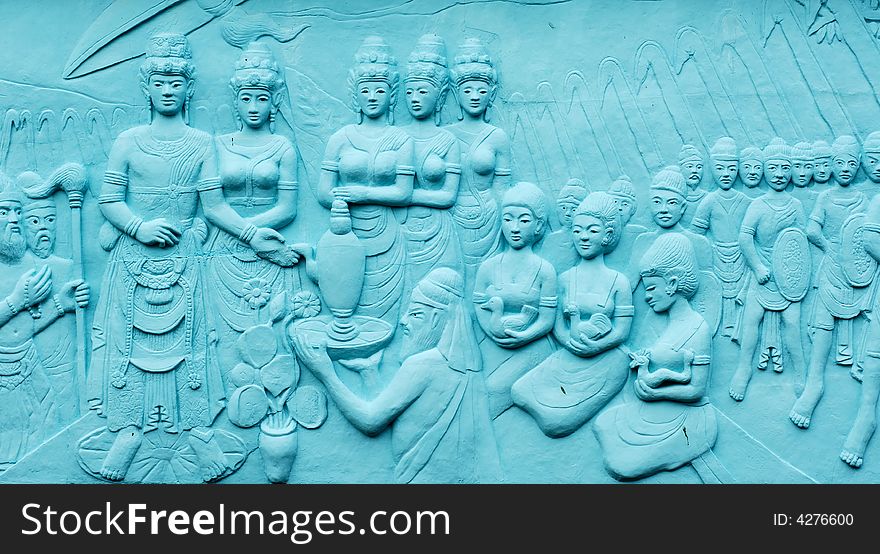 Indonesia, Java: Frescoes in bas relief in blue; carved and painting images related with indonesian  legends and beliefs