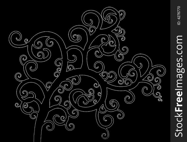 Illustrated white outline of a curly tree over a black background. Illustrated white outline of a curly tree over a black background