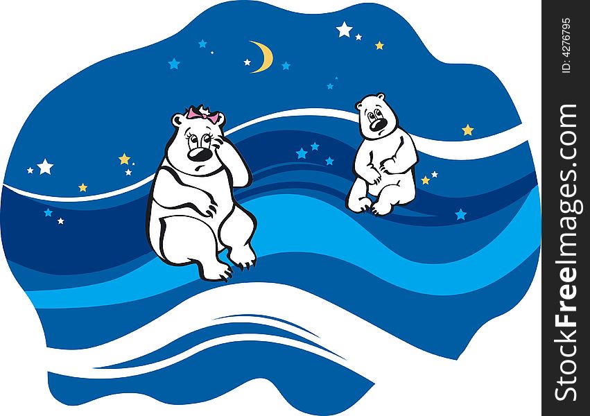 Vector illustration of pair white bears sitting on ice floes, far apart