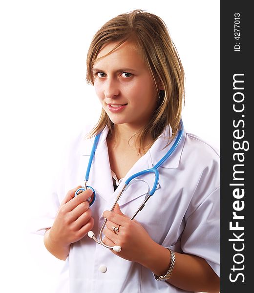 Female doctor holding a stethoscope and smiling. Female doctor holding a stethoscope and smiling