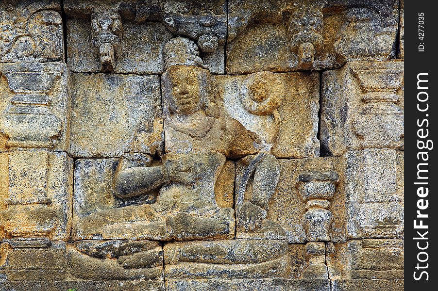Indonesia, Java, Borobudur: Temple, the carved images of borobudur temple; the most famous buddhist  bas- relief of  southeast asia , the life of buddha