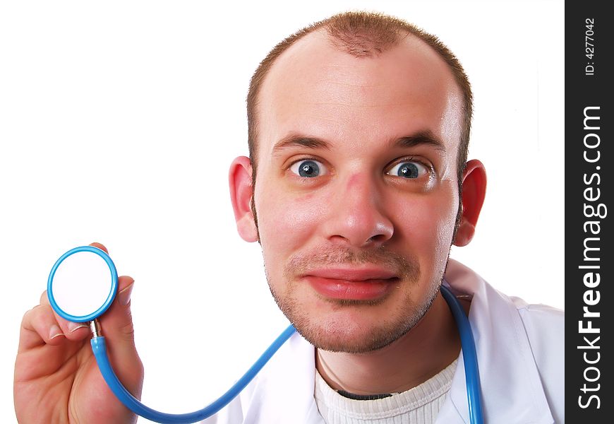 Crazy doctor using a stethoscope