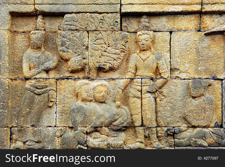 Indonesia, Java, Borobudur: Temple, the carved images of borobudur temple; the most famous buddhist  bas- relief of  southeast asia , the life of buddha