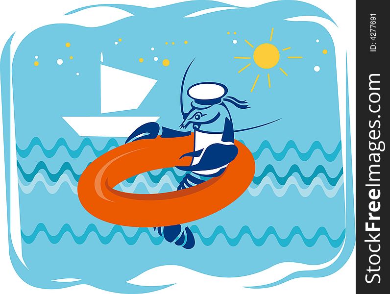 Vector; illustration; cancer; seaman; ship; sea; sun; summer; lifebuoy ring; waves; travel; picture; card. Vector; illustration; cancer; seaman; ship; sea; sun; summer; lifebuoy ring; waves; travel; picture; card