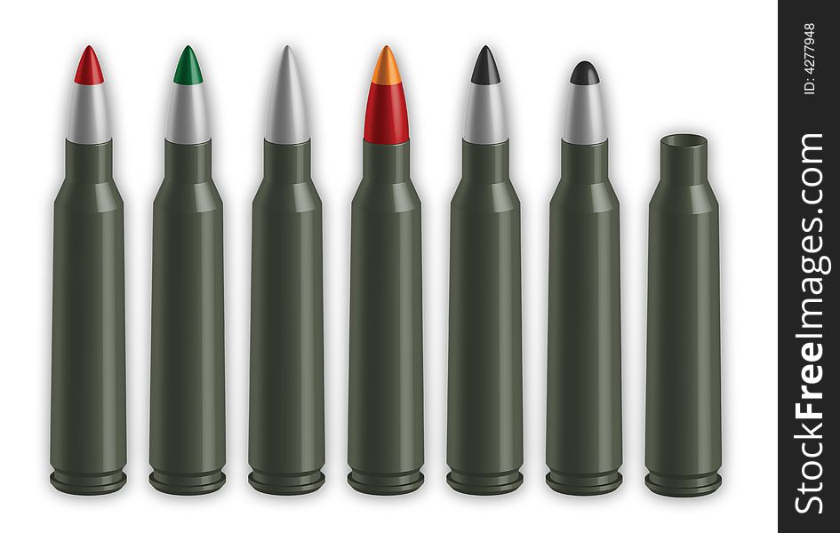 Various types of 5.56 M16 assault-rifle cartridges isolated on white, accurate illustration
