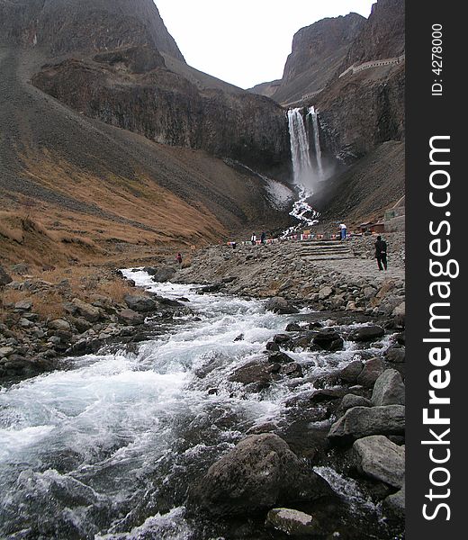 Waterfall of Changbai Mountain, river from waterfall. Waterfall of Changbai Mountain, river from waterfall