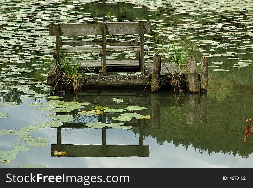 Wooden bench mirrored in  a water lilies pond. Wooden bench mirrored in  a water lilies pond