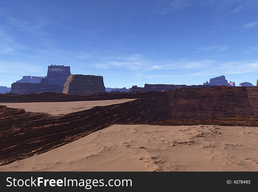 3d digital mojoworld landscape render of a sand desert with blue sky. 3d digital mojoworld landscape render of a sand desert with blue sky