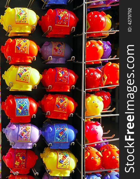 Portugal, area of Algarve, Lagos: colored chinese pig Handicraft. Portugal, area of Algarve, Lagos: colored chinese pig Handicraft