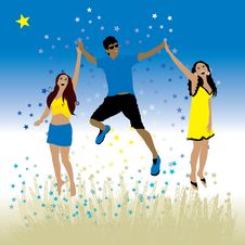 Boy And Girls Dance, Meadow, Grass Royalty Free Stock Photos Boy And Girls Dance, Meadow, Grass Royalty Free Stock Photos