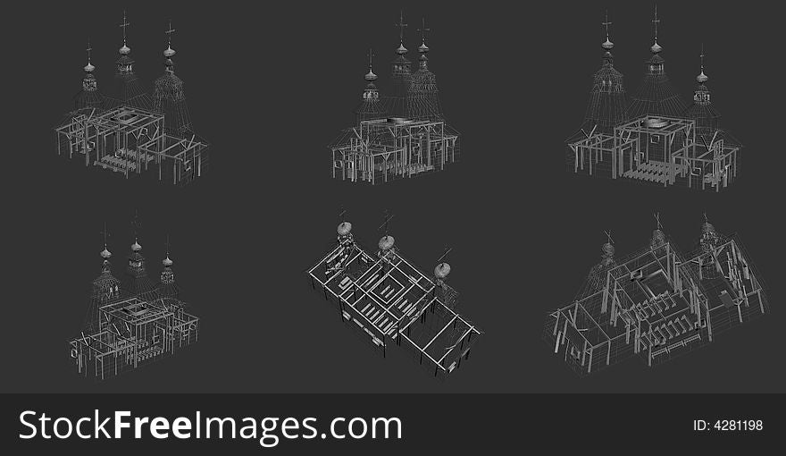 Six different renders of one white church. Six different renders of one white church