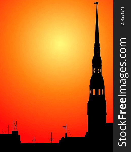 Old Riga silhouette, sunset on background. Old Riga silhouette, sunset on background.