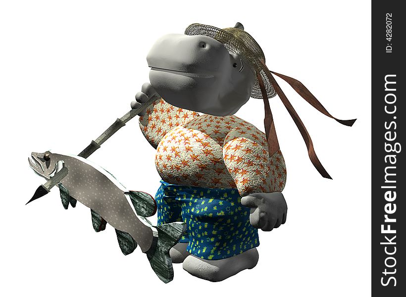 Render of hippo adventurer with catch fish. Render of hippo adventurer with catch fish