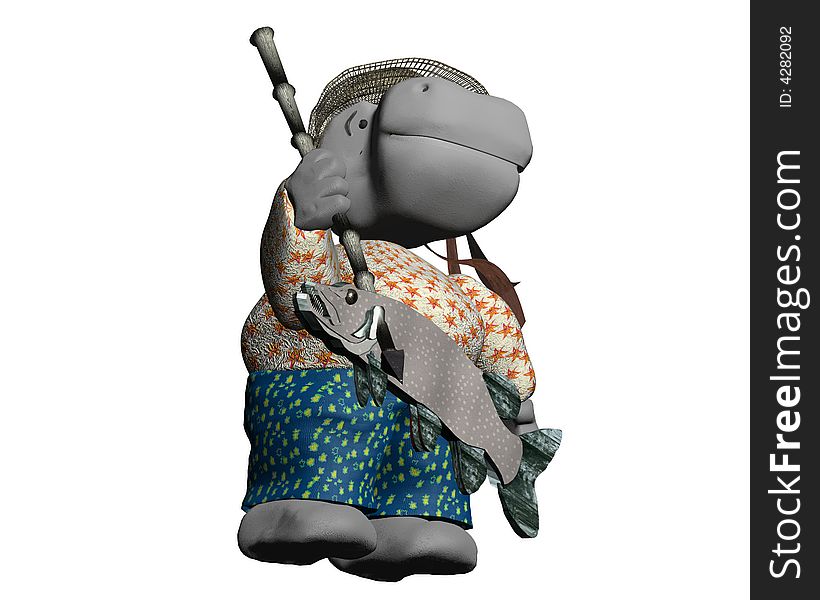 Render of little and cute figure - hippo adventurer with fish. Render of little and cute figure - hippo adventurer with fish